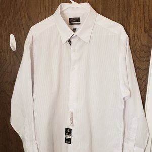 NEW Dockers Mens White Striped Fitted XL Long Sleeve Button Dress Shirt 17 32/33